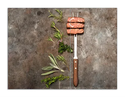 Produktbild von Wallario Herdabdeckplatte aus Glas, Größe 70 x 52 cm 2-teilig, Motiv Grillfleisch mit frischen Kräutern