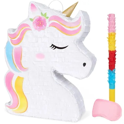 Einhorn-Piñata, 40x31x8 cm, mit Augenbinde und Schläger
