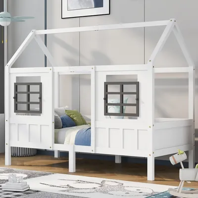 Produktbild von Flieks Kinderbett Hausbett 90x200cm mit Rausfallschutz, Einzelbett mit Lattenrost und 2 Fenstern, Massivholzbett Bodenbett Kinderbett für Junge und Mädchen, Weiß