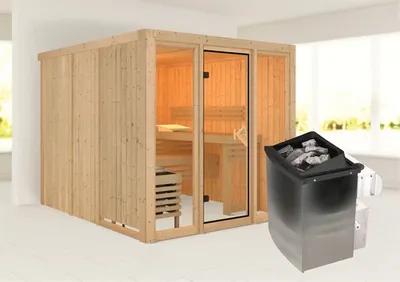 Produktbild von Elementsauna Karibu Laskaja inkl. 9 kW Ofen u.integr. Steuerung ohne Dachkranz mit bronzierter Ganzglastür