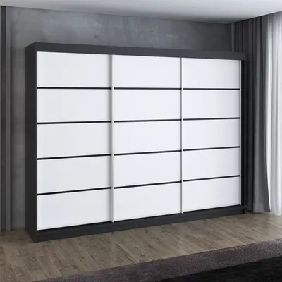 Produktbild von Schwebetürenschrank, 3-türig Schrank 200 cm mit 4 Schubladen, Retrostil  Premium! Moderne Garderobe für Kleidung. Verschiedene Farben (Weiß, Schwarz, Somona) Kleiderschrank MES