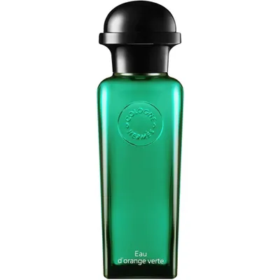 A product shot of a green glass bottle of cologne with a black cap.