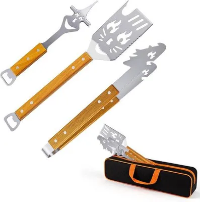 Produktbild von Landrip 3-teiliges Grillspatel-Set für Barbecue, 8-in-1 Grillbesteck mit Holzgriff, Edelstahl, multifunktional
