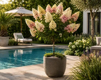Produktbild von Hydrangea paniculata Magical Andes Stämmchen 100–120 cm – Rispenhortensie Stamm, winterhart, Blütenstrauch für Garten, Kübel & Terrasse, KI-generiertes Bild