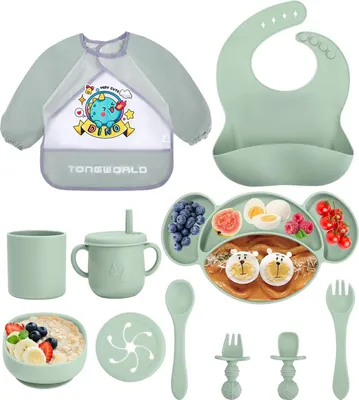 Produktbild von Famanu Kinderserviesset 11-teilig mit Saugnapf und wasserdichten Lätzchen - Grün