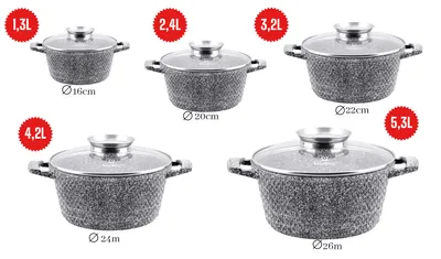 Image de Ensemble de 10 pièces : casseroles, poêles, faitouts. Ensemble de casseroles avec revêtement en marbre, compatible avec les plaques à induction