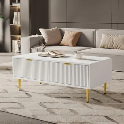 Image de OKWISH Table Basse - Table de Salon Élevable avec 2 Tiroirs, Style Moderne, MDF Robuste et Pieds Métalliques Dorés, Blanc, 100x50x40 cm