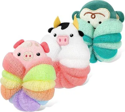 Produktbild von Famanu Set von 2 niedlichen Luffa-Badschwämmen für Kinder - Multifunktionale Badaccessoires mit Tiermotiven