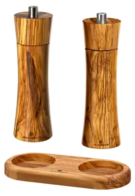 Produktbild von Salz und Pfeffermühle mit Mühlenuntersetzer Olivenholz