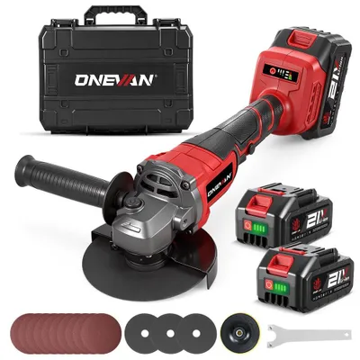 Produktbild von ONEVAN Akku-Winkelschleifer 700 W, 125 mm, 3 Geschwindigkeitsstufen, mit 2 Akkus und Koffer, Rot