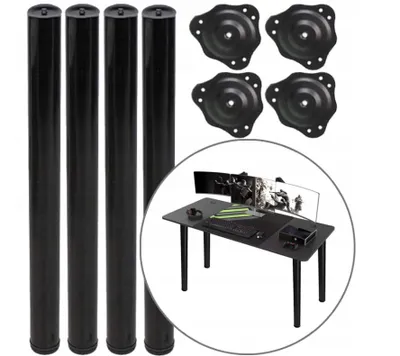 A collection of parts for a desk setup, including desk legs, mounting plates, and a depiction of a fully assembled desk with dual monitors.