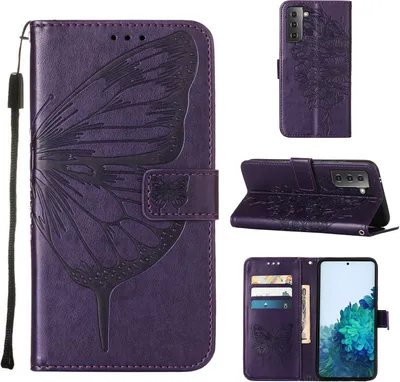 Produktbild von Galaxy S21 5G Hülle, Schmetterling Prägung Flip Leder Kartenfächer Schutzhülle Ledertasche mit Ständer für Samsung Galaxy S21 5G Lila