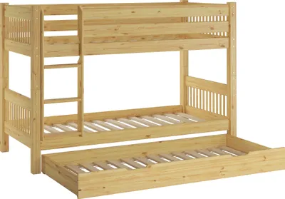 Produktbild von Kinderstockbett aus Massivholz mit wählbarem Zubehör, Liegefläche 90x200 V-60.12-09Ni70Rollrost und Gästebettkasten inkl.