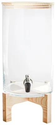 Produktbild von Getränkespender TUBE 6 Liter aus Glas mit Edelstahl-Auslaufhahn, Kiefernholz-Basis und Holzdeckel