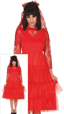 Productafbeelding van Halloween: Rood kanten tule jurk met sluier, elegant kostuum voor volwassenen, carnavalsjurk, feestelijk, maat: 42 - 44 (L), kleur: rood