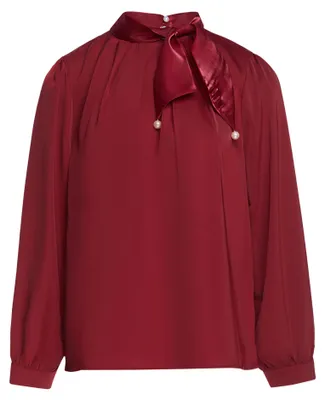 Produktbild von Rote Satin-Bluse Größe S, reguläre Passform, mit Schleifenkragen, Perlen und zartem Schimmer