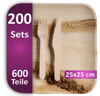 Palmblatt-Einwegteller mit Holzbesteck, 200 Personen