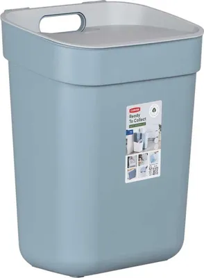 A light blue Curver trash can with a gray lid and a label on the side.