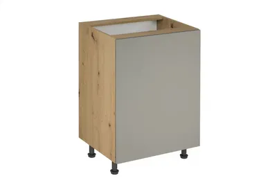 A kitchen cabinet base unit with a wood-effect side and a beige front, standing on four black legs.