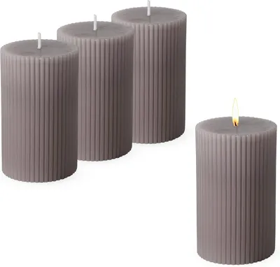 Produktbild von Geriffelte Echtwachs-Stumpenkerzen, 10 x 6 cm, 4er-Set in Grau, unparfümiert, ca. 27 Stunden Brenndauer