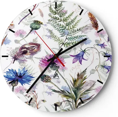 Produktbild von Wanduhr - Rund - Glasuhr - Blume Wiese Natur - 40x40cm - Schleichendes Uhrwerk - Lautlos - zum Aufhängen bereit - Dekoration Modern - Wanddekoration aus Glas - C3AR40x40-3838