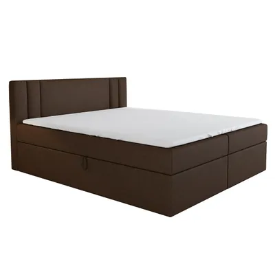 A brown box spring bed with a white mattress and a headboard, shown against a white background.