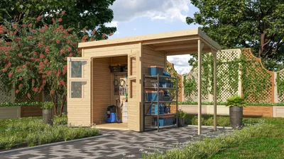 Produktbild von Karibu Gartenhaus Gerätehaus Merseburg 2 mit Anbaudach naturbelassen 320x126x219 cm