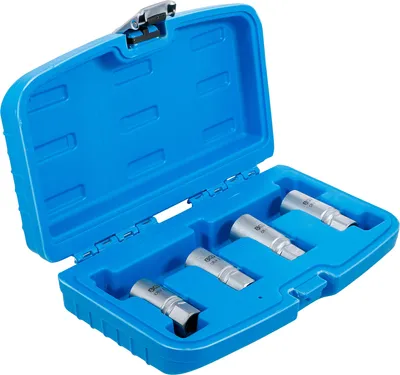 A set of four metal tools in a blue plastic case.