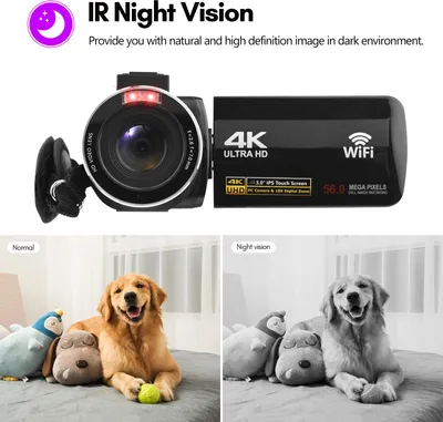Obrázok produktu pre 4K digitálna videokamera, WiFi videokamera, DV rekordér, 56 MP, 18-násobný zoom, 3,0-palcový IPS dotykový displej, podporuje rozpoznávanie tváre, IR nočné videnie, stabilizátor obrazu, s 2 batériami + diaľkové ovládanie a taška na prenášanie