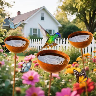 Immagine prodotto di Picchetti da giardino in metallo, set da 3, per abbeveratoi per uccelli e insetti, altezza regolabile da 60 a 75 cm