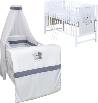 Produktbild von Baby-Delux Babybett Gitterbett Mia weiß 120×60 inkl. Matratze Bettwäsche Set 10tlg Loving Bears