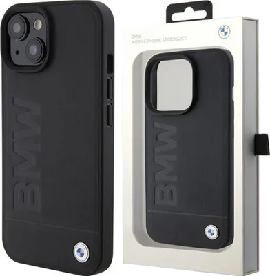 Produktbild von BMW Leder Hot Stamp mit Magnetfunktion Hülle Kompatibel mit iPhone 15 Plus Schwarz