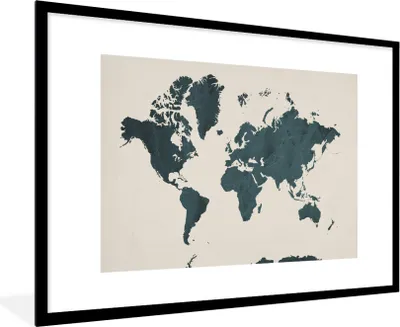 Produktbild von MuchoWow® MuchoWow® Gerahmtes Poster Weltkarte - Blau - Braun 90x60 cm - Poster mit zchwarzem Bilderrahmen - Wanddekoration - Fotos
