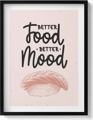 Produktbild von Inschrift für Küche und Esszimmer „Besseres Essen, bessere Stimmung“– Wandbild mit Rahmen – Gerahmtes Bild – Wanddekoration – 60x80 cm – Schwarz Rahmen