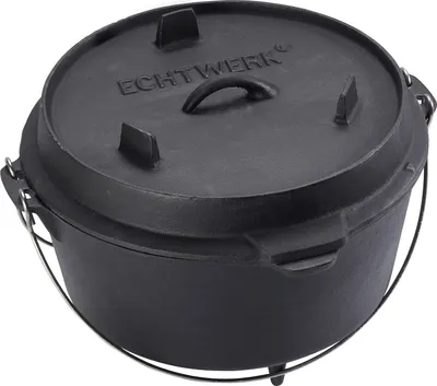 A black cast iron Dutch oven with a lid and handle, shown from a slightly elevated side angle on a white background.
