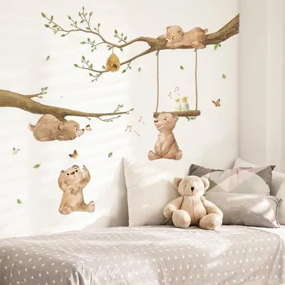 Productafbeelding van Runtoo Beren Muurstickers - Schattige Bosdieren Wanddecoratie voor Kinderkamer Babykamer - Vinyl, Herbruikbaar, Waterdicht, 4 Bruine Ber