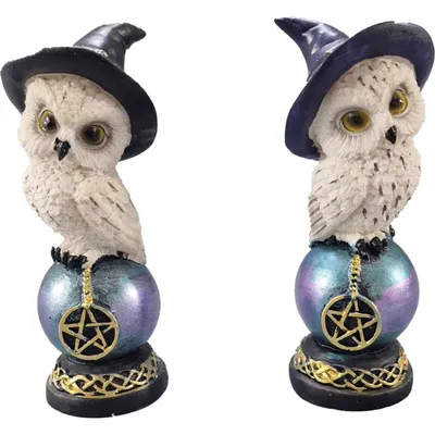 Two witch owls sitting on a decorative orb, presented side-by-side.