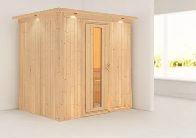 Produktbild von Karibu Sauna Innensauna Fanja Fronteinstieg ohne Zubehör 210x165x202 cm mit Dachkranz  mit Energiespartür