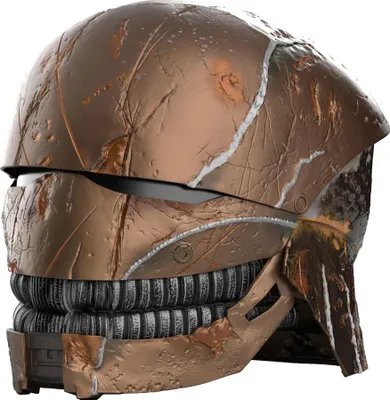 A close-up view of a futuristic helmet.