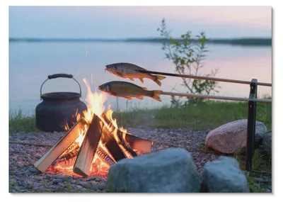 Produktbild von POSTER - 29x21 cm (A4) - Ivaa - Lagerfeuer am See, Fische am Spieß, natürlich -  Wandbild für Wohnzimmer Schlafzimmer & Flur, Modernes Poster Wanddeko, Ungerahmt