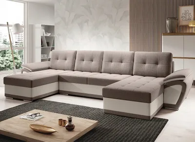 Produktbild von Easy4You ENZO Farbe von Milchkaffee/Creme Ecksofa U-Form 336 x 97 x 157 cm mit Schlaffunktion und Stauraum - Schlafsofa mit Bettkasten - Moderne Wohnzimmermöbel – Stoff: SORO 23 + SOFT 33