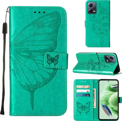 Produktbild von Lederhülle für Xiaomi Poco X5 /Redmi Note 12 5G Schmetterling Prägung Flip Ledertasche Kartenfächer Handyhülle mit Ständer Grün