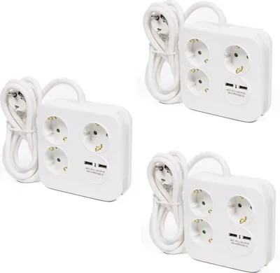 Produktbild von 3x Steckerleiste Steckdosenleiste 3-fach Rund mit 2 USB Fast Charge Anschlüssen Tischsteckdose Mehrfachsteckdose Mehrfachstecker Steckdose