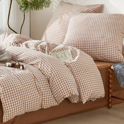 Zdjęcie produktu dla Komplet pościeli 200x200 cm, bawełna, wzór w kratkę, 3-elementowy, kolor taupe, certyfikat Oeko-Tex