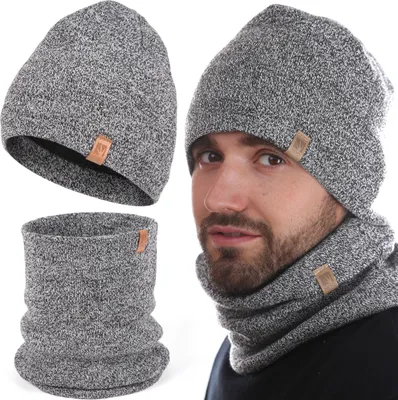 Produktbild von Herren Winterset Mütze Warme Strickmütze melliert Schlauchschal Rundschal Weiche Wintermütze Mit Thermo Fleece Gefüttert Loopschal Halswärmer 2er Set Grau