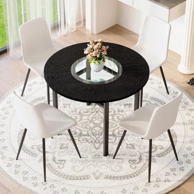 Image de Ensemble table et chaises, table à manger ronde + 4 chaises blanches en PU, pieds noir-marron, style minimaliste