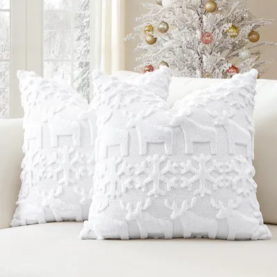 Produktbild von Kissenbezüge 2er Set Plüsch Wollsamt Weihnachten Schneeflocken Elch Weiß 40x40cm