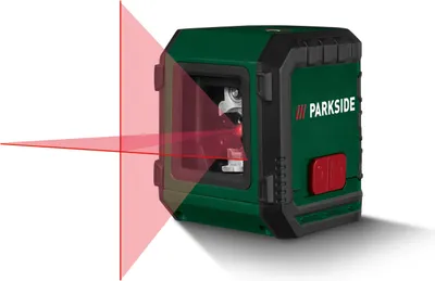 A green and black PARKSIDE laser measuring device is shown emitting red laser lines in a cross pattern.