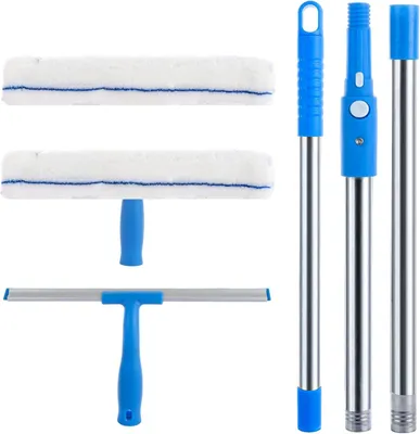 Productafbeelding van Raamwisser met Siliconen Trekker, 2-in-1 Raamreinigingsset, Telescoopsteel 130 cm, voor Glas en Ramen
