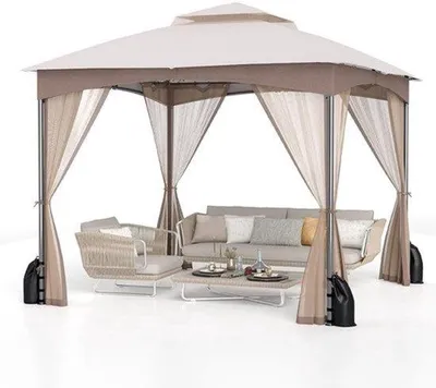 Image de Pavillon de jardin 300x300x278 cm - Couleur kaki foncé - Toit en polyester - Avec moustiquaire